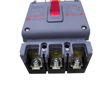 A three-phase industrial circuit breaker with a gray plastic housing, a prominent red emergency stop pull, and three terminal blocks at the bottom, shown on a white background.