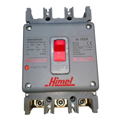 A gray Himel electrical circuit breaker with a red central handle and red printed branding, photographed on a plain white background.