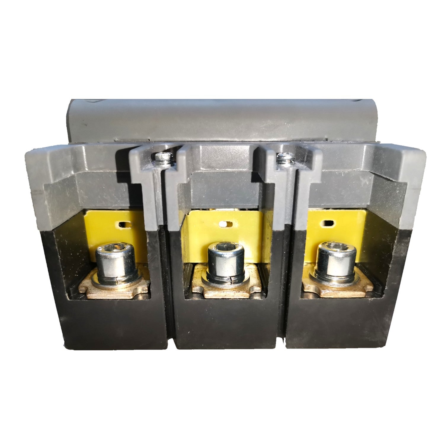 A three-phase electrical terminal block or connector component with gray plastic housing, black base sections, yellow internal plates, and three silver metal screw posts, shown on a plain white background.