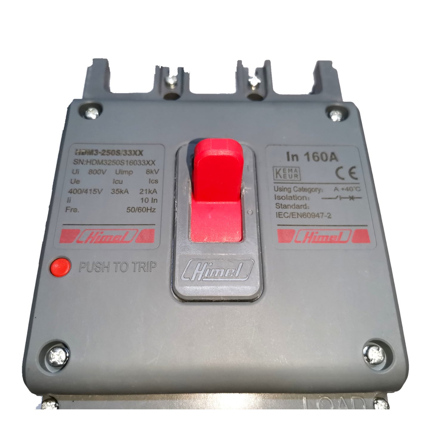 A gray electrical circuit breaker with a prominent red central trip switch and red printed text, photographed on a plain white background.
