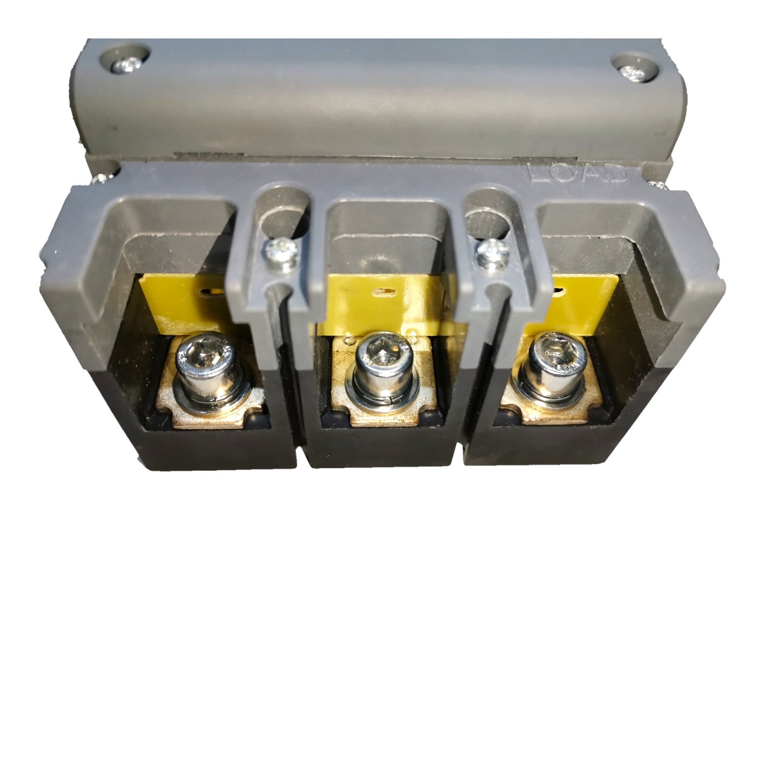 A three-terminal electrical terminal block with gray plastic housing, black base sections, yellow internal insulators, and silver metal screw terminals, shown on a plain white background.