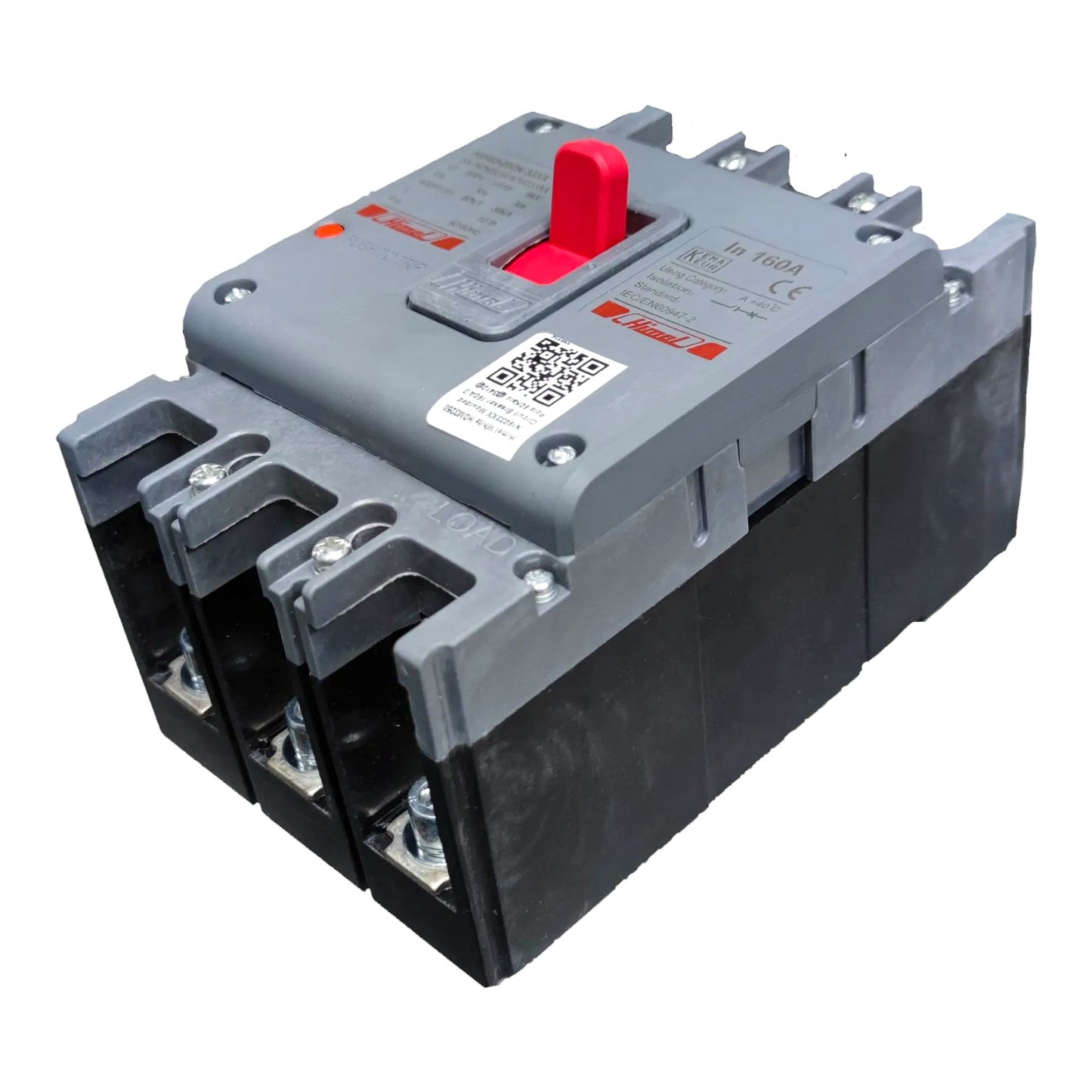 A three-pole circuit breaker with a gray top cover, black plastic housing, and a red manual trip lever, shown on a plain white background.