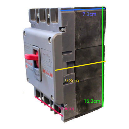 A gray electrical circuit breaker with a red handle and black front panel, shown on a white background with colored dimension lines and measurements in centimeters.