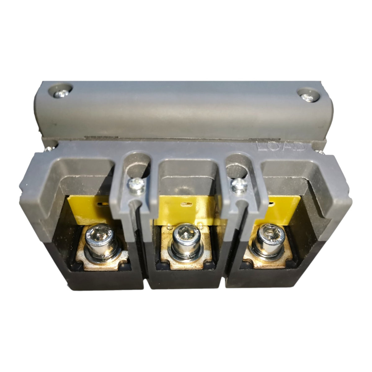 A three-terminal electrical connector or terminal block with a gray top cover, black base, and yellow insulating accents, shown on a plain white background.