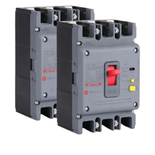 Two gray electrical contactors with red and yellow switches, shown on a plain white background.