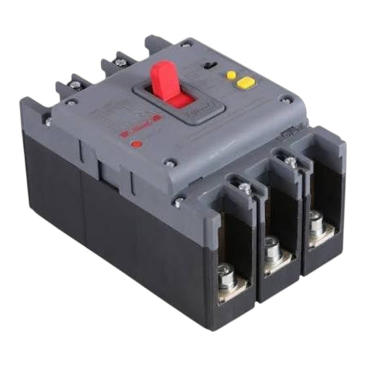 A three-pole electrical contactor or relay with a gray plastic top cover, black base, a red manual trip switch, and a yellow button, shown on a white background.