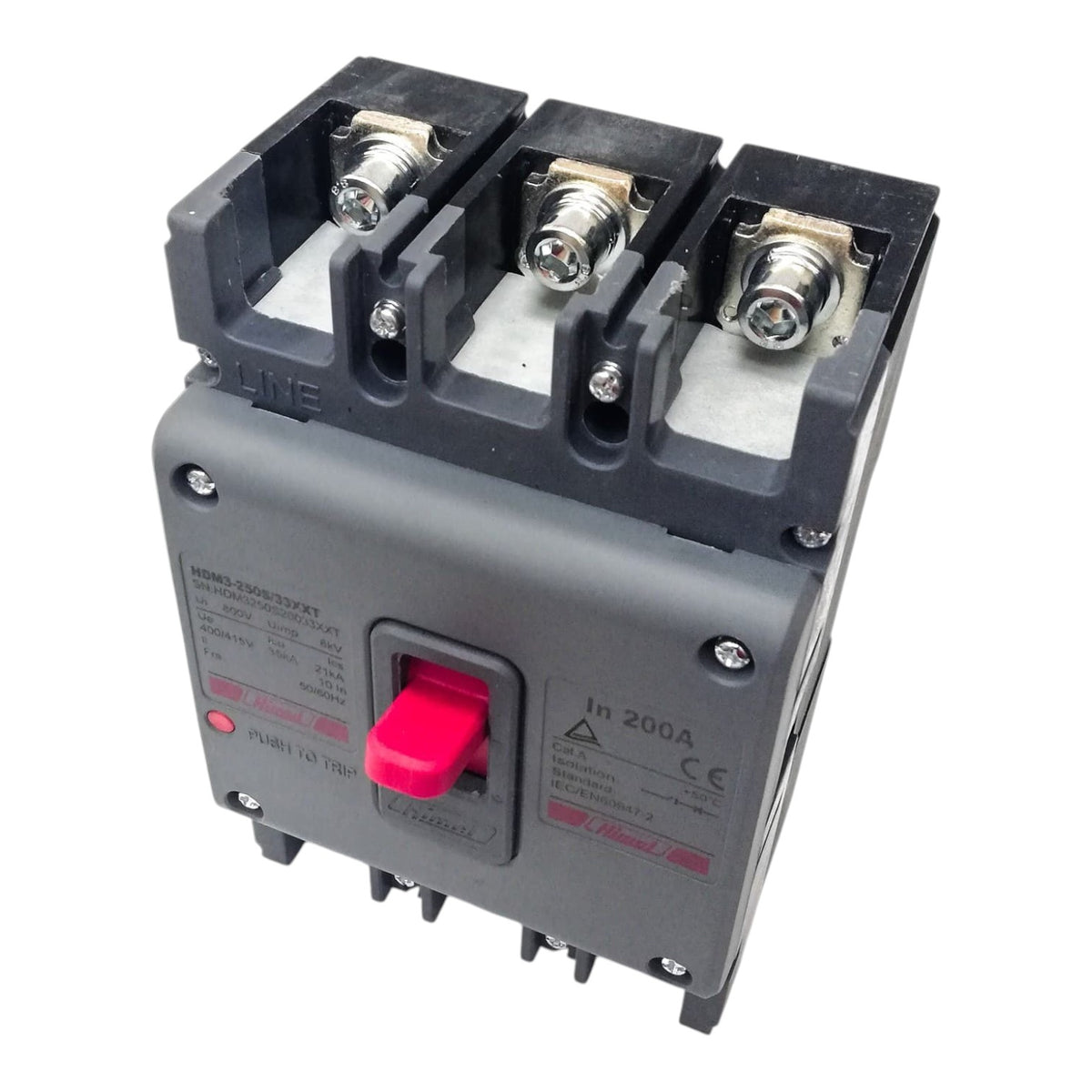 A three-pole electrical circuit breaker with a gray plastic housing, three terminal connectors on top, and a red manual switch lever on the front, shown on a white background.