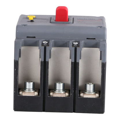 A three-pole electrical circuit breaker with a gray top housing, black lower housing, a red top switch handle, and a small yellow terminal, shown on a white background.
