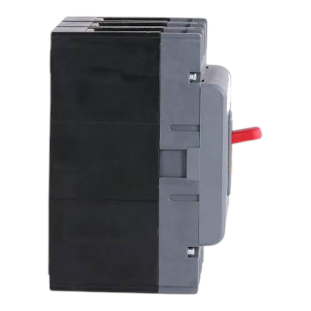 A black and gray electrical contactor or relay component with a small red handle, shown from a side profile view on a white background.