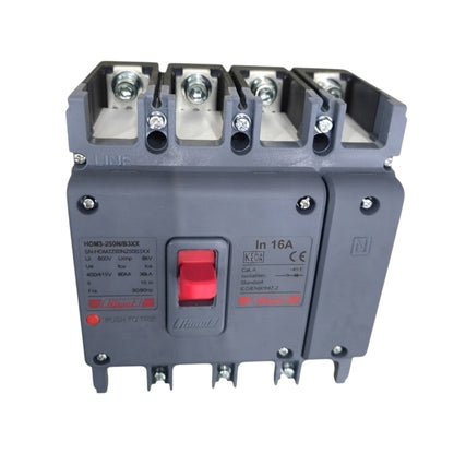 A three-pole industrial electrical circuit breaker with a gray plastic housing, featuring a red trip switch and terminal connections on a white background.