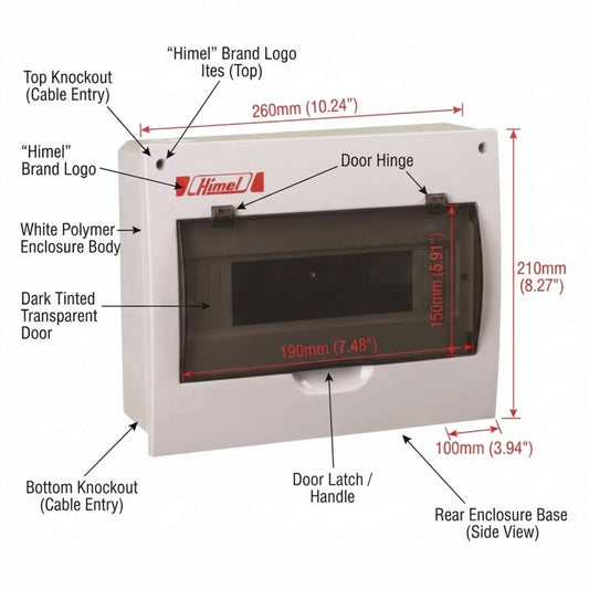 White HimeL brand electrical enclosure with dimension annotations showing measurements for top, bottom, side, and door dimensions on a white background.