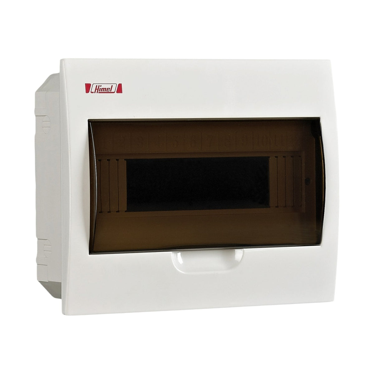 A white electrical distribution board enclosure with a translucent dark brown front cover and a red Hamel logo on the upper left, shown against a plain white background.