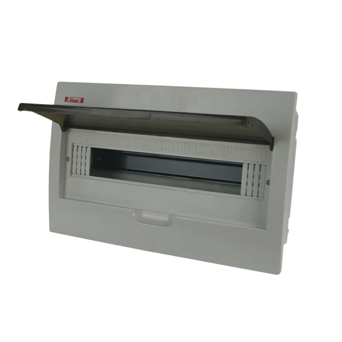 A light gray plastic electrical distribution board cover with its hinged lid open, showing the internal compartment and terminal slots, photographed on a solid white background.