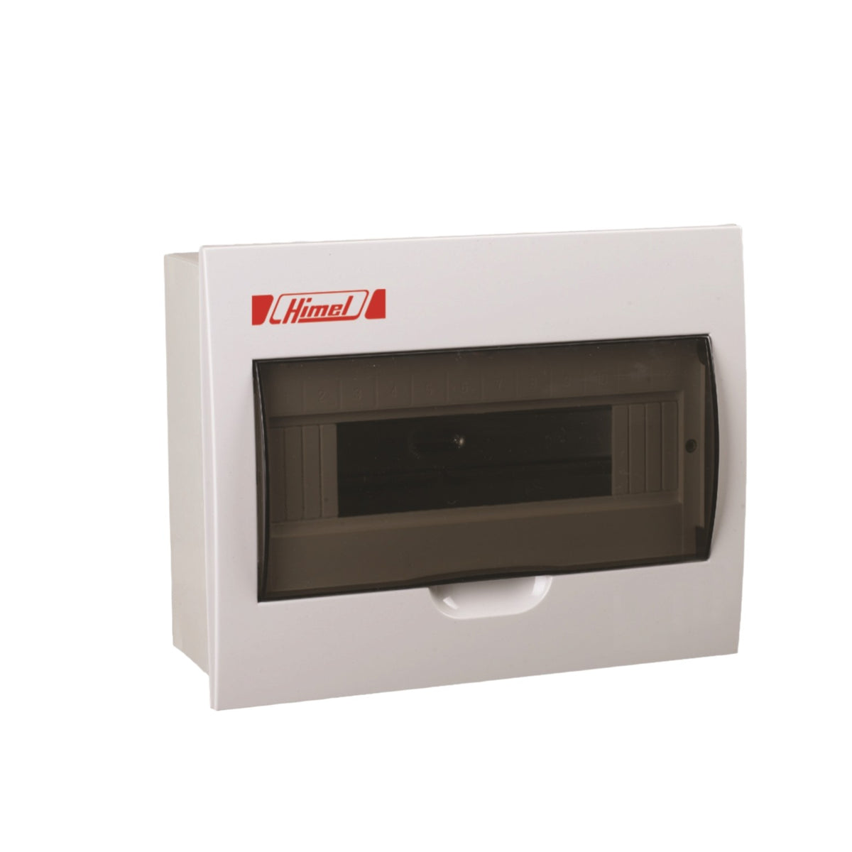 A white electrical distribution board enclosure with a translucent dark gray door and a red and white Himek logo on the front, isolated on a white background.
