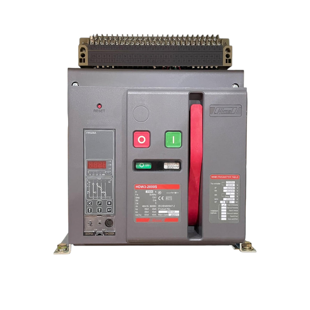 A Siemens HSW3-2000S modular electrical contactor with a gray metal housing, featuring a red handle, red and green buttons, and a top terminal block, shown on a white background.