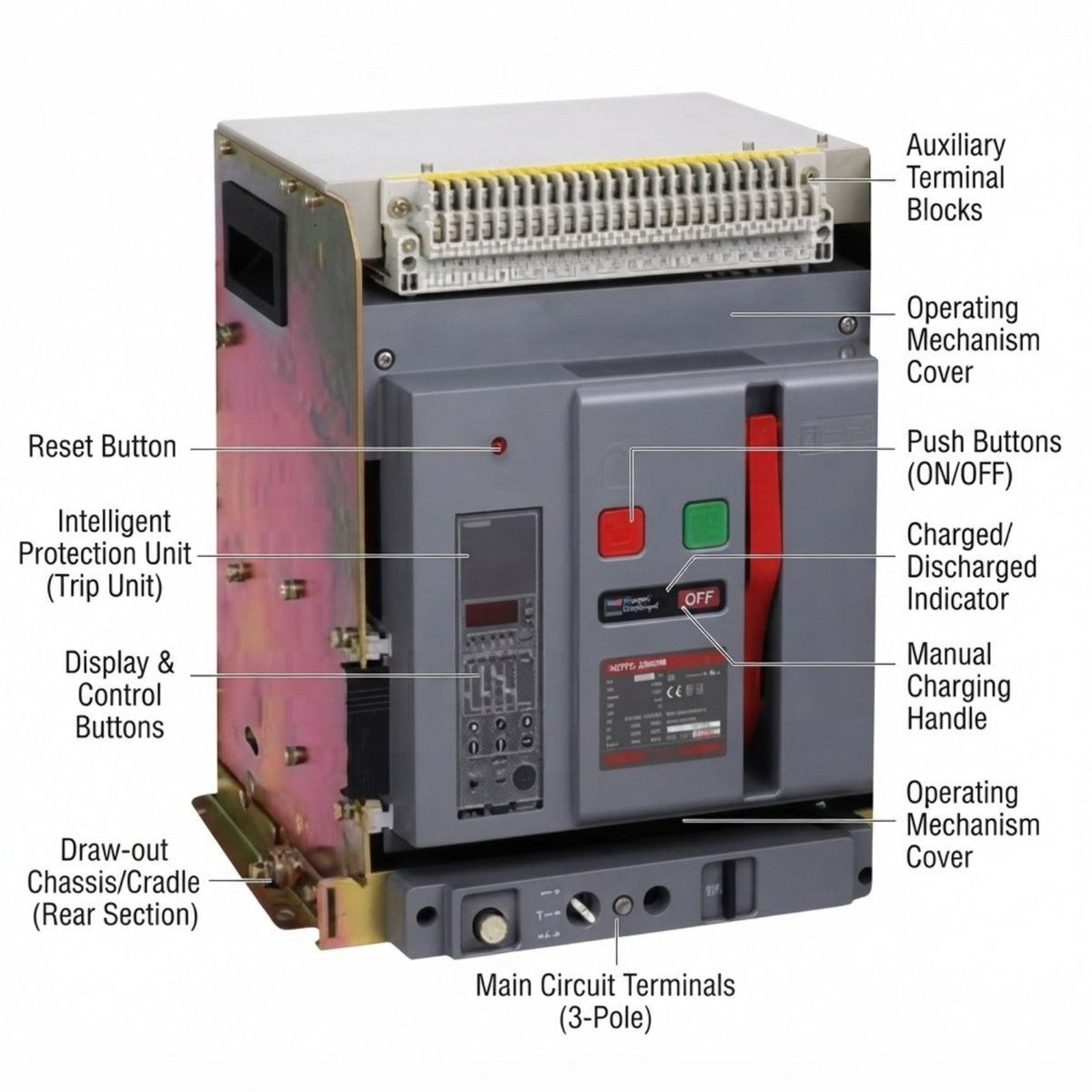 A technical product diagram of a large industrial electrical contactor or motor starter unit with callout labels pointing to various parts such as terminal blocks, buttons, indicators, and terminals on a white background.