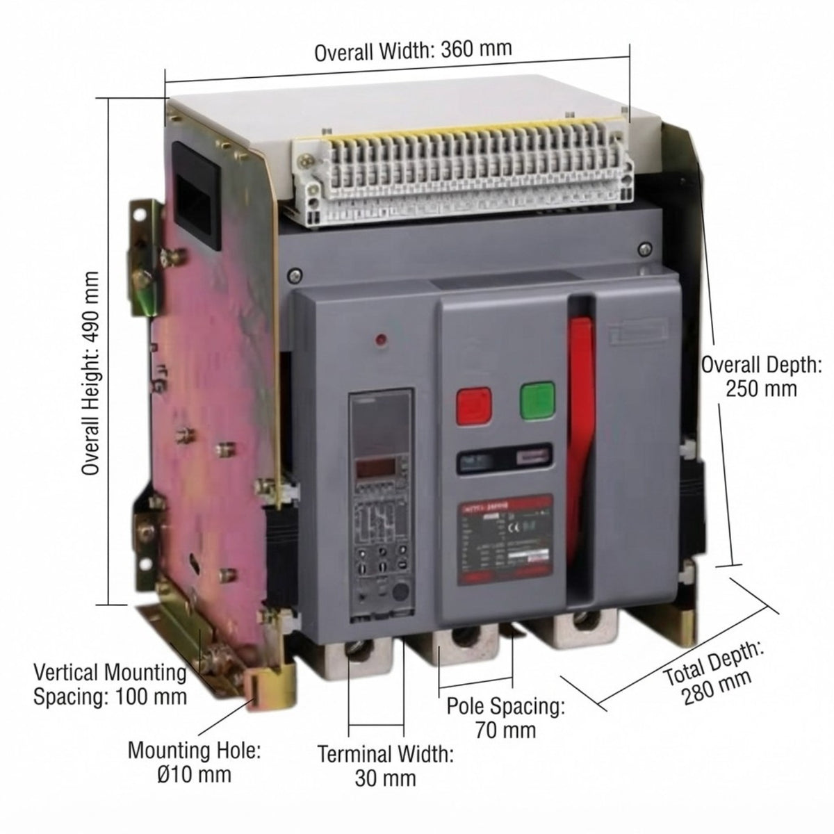 A technical dimension diagram of an electrical contactor or relay component, showing overall width, height, depth, mounting hole spacing, pole spacing, and terminal width with measurement labels.