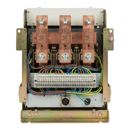 An industrial electrical contactor relay unit with three large copper-colored L1, L2, and L3 terminals, a white terminal block, and multicolored wiring inside a metal enclosure, shown on a plain white background.