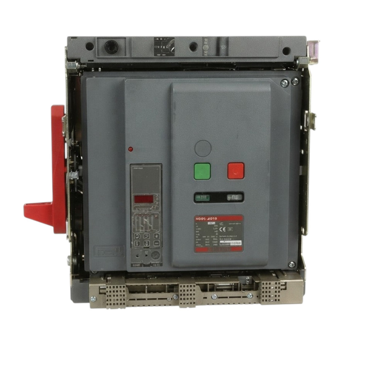 A large industrial electrical switchgear unit with a gray metal casing, featuring a red handle on the left, green and red buttons on the front, and a red and black label near the bottom.