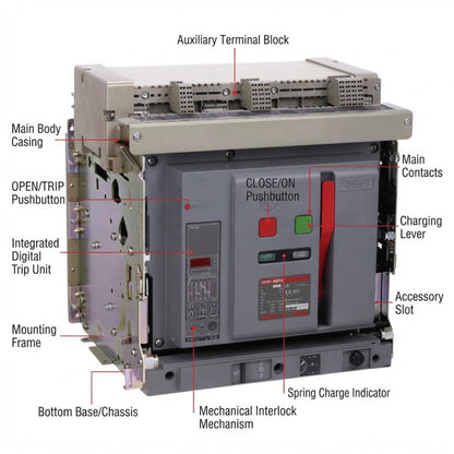A labeled technical diagram of an electrical contact breaker or switch module, showing the main body, auxiliary terminal block, main contacts, charging lever, spring charge indicator, and other parts with callout lines on a white background.