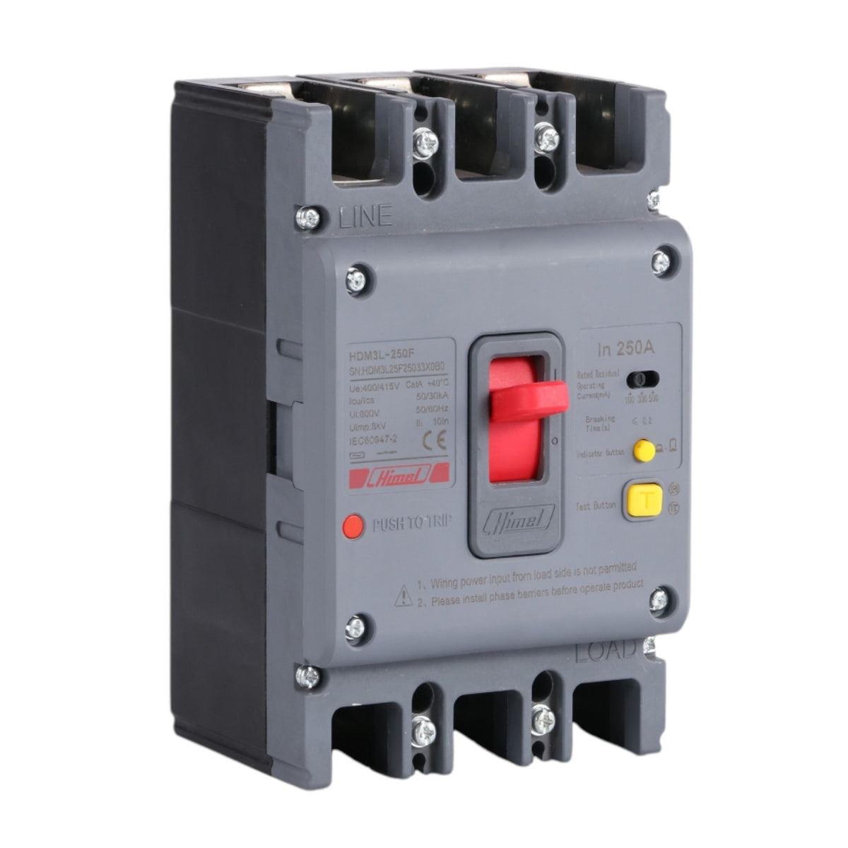 A 3-phase 380V industrial contactor with a gray plastic housing, featuring a red main switch, yellow auxiliary contacts, and terminal connections on the top and bottom.