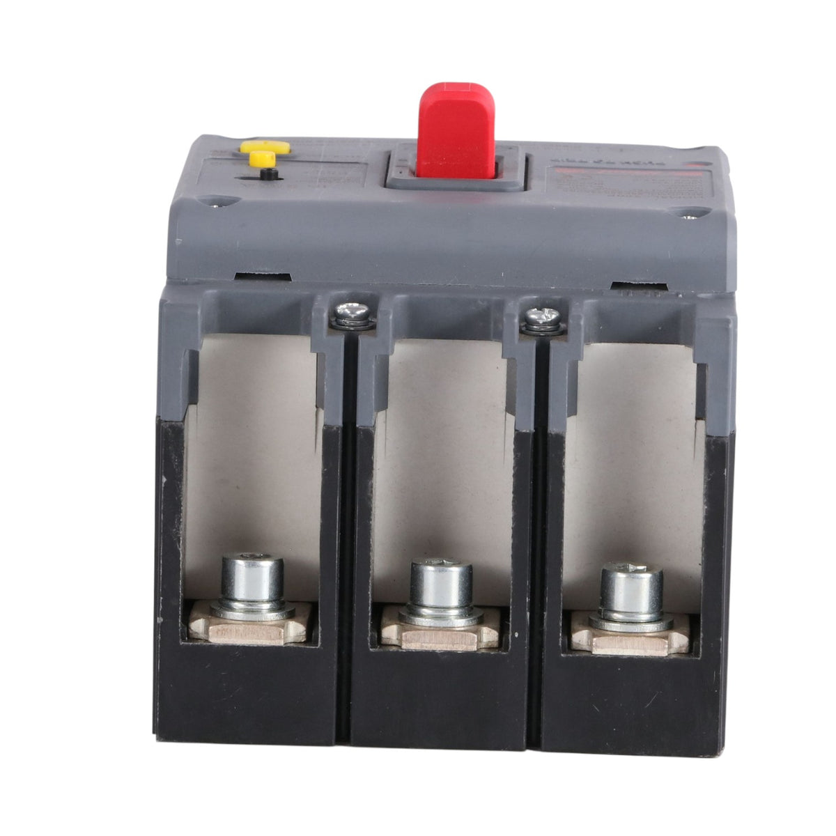A three-pole electrical contactor or relay component with a gray plastic housing, a prominent red top switch, and three open terminal compartments showing metal contacts at the bottom.
