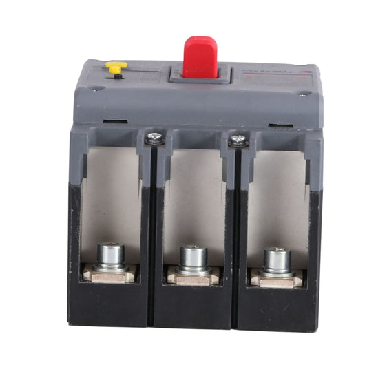 A three-pole electrical contactor or relay component with a gray plastic housing, a prominent red top switch, and three open terminal compartments showing metal contacts at the bottom.
