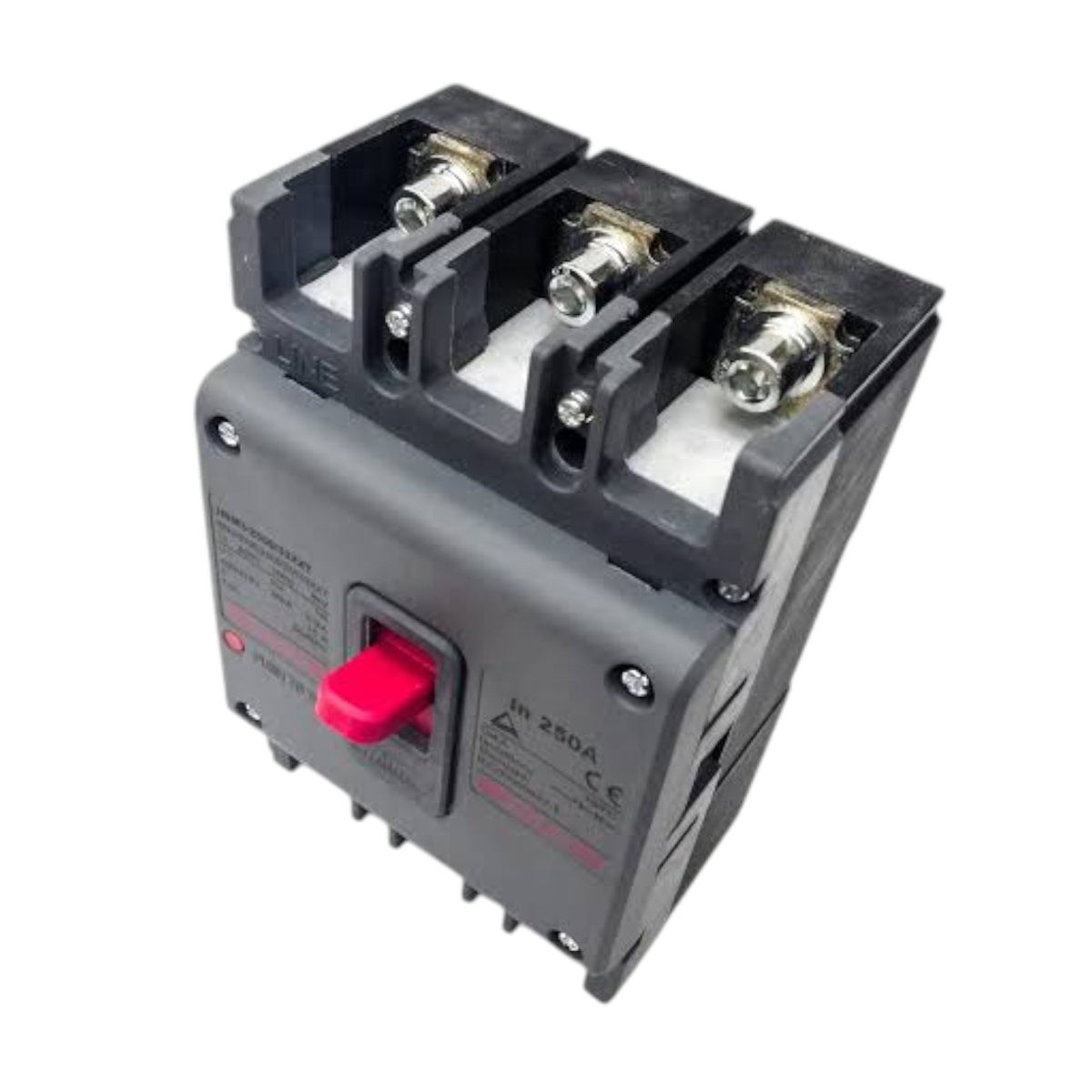A 3-pole electrical circuit breaker with a gray plastic housing, a red manual trip lever, and three terminal blocks on top, shown on a plain white background.