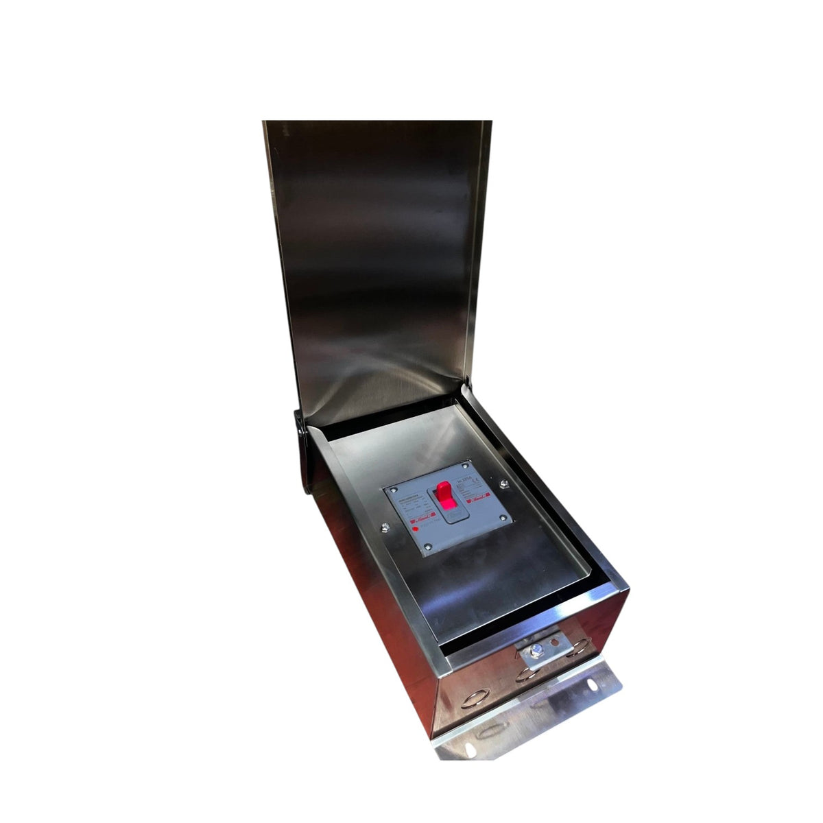 A stainless steel electrical compartment or control box with its lid open, showing a metal panel with a red switch inside, isolated on a white background.