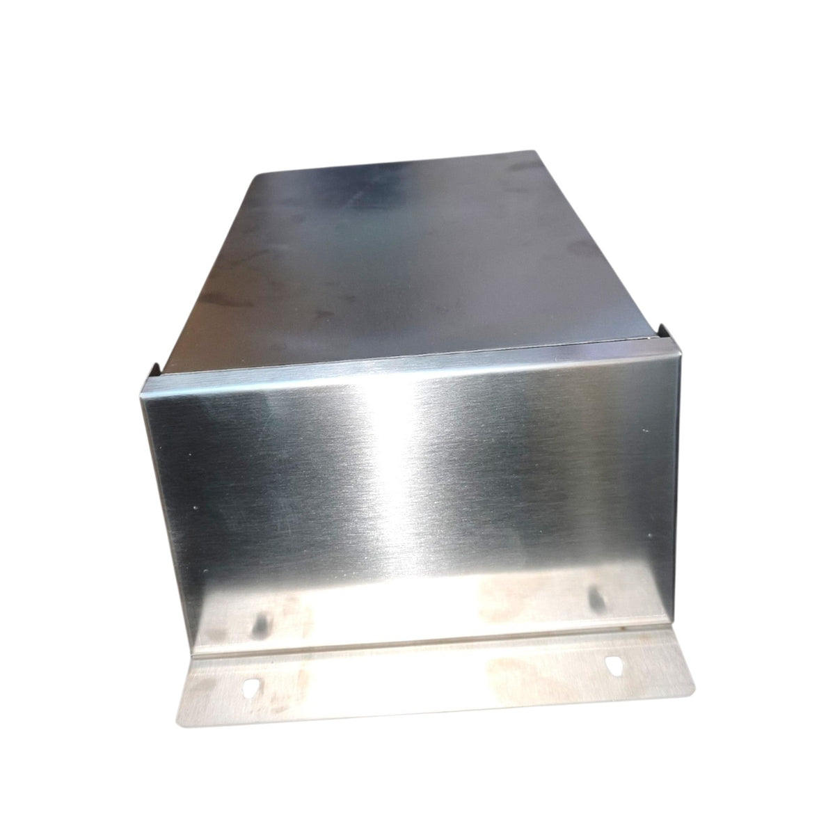 A brushed stainless steel metal junction box with a mounting flange on the bottom, shown on a plain white background.