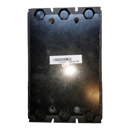 A black industrial metal component with mounting holes and a white barcode label in the center, photographed against a plain white background.
