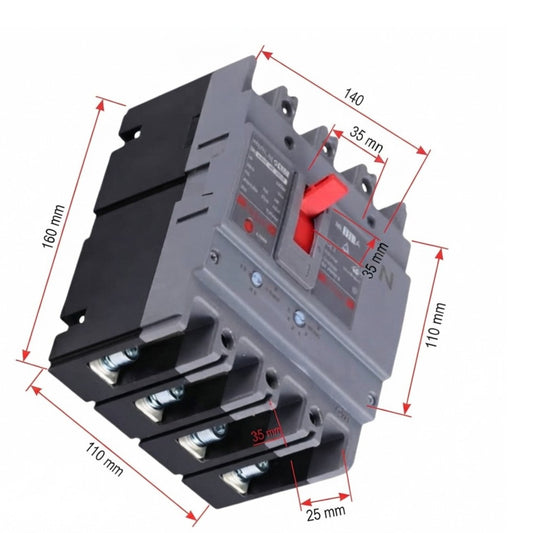 A gray electrical contactor with a red switch handle, shown with red dimension lines and labels indicating measurements of 160 mm, 110 mm, 140 mm, 110 mm, 35 mm, and 25 mm on a white background.