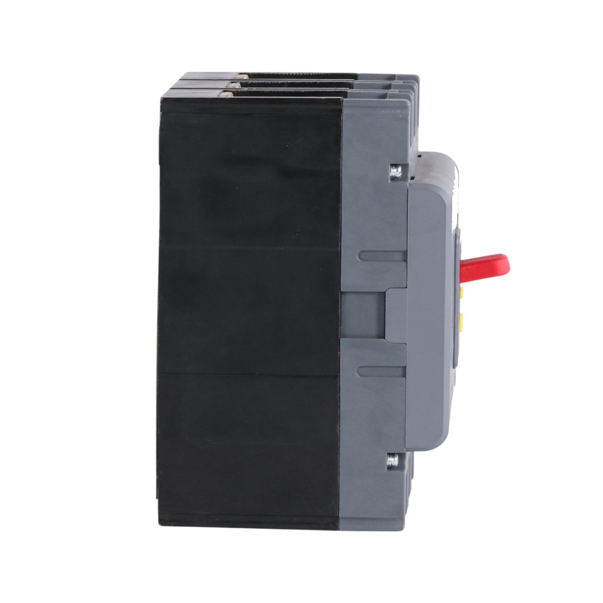 A side view of a compact electrical contactor or relay component, featuring a black main body, a gray side housing, and a small red lever switch, isolated on a white background.