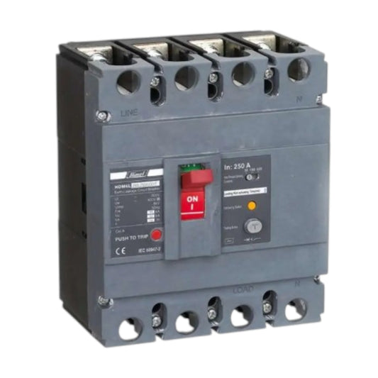 A gray electrical circuit breaker with a red ON switch, black and red labels, and terminal connections on the top and bottom, shown on a plain white background.