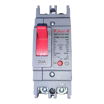A Himmelfrund HDM2-125LD02 40A circuit breaker with a gray plastic housing, a red toggle switch, and a red brand label, shown on a plain white background.