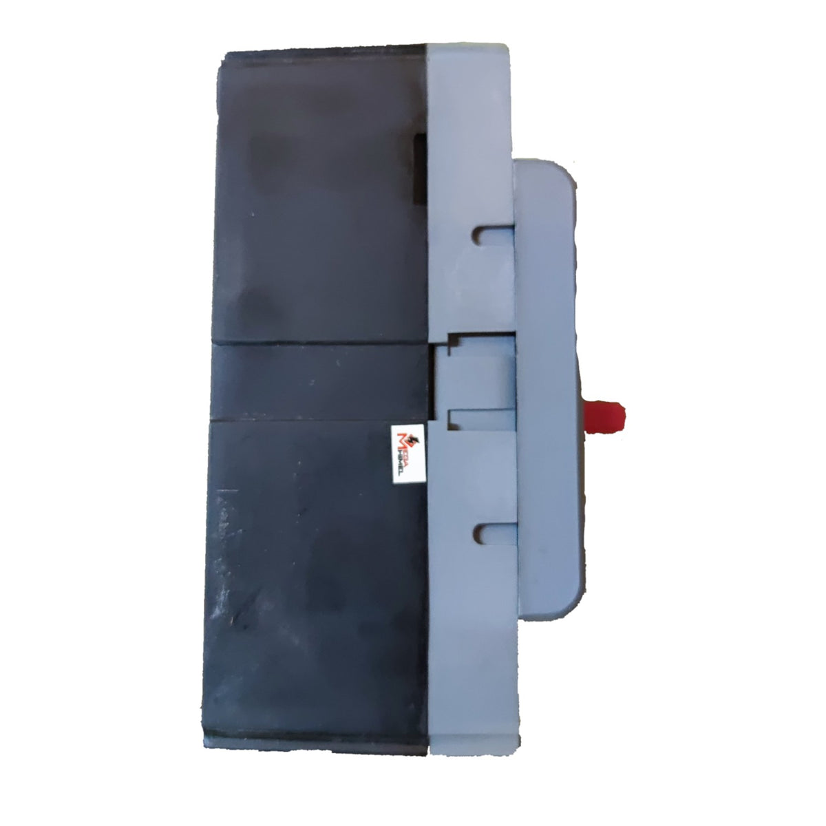 A gray and black rectangular industrial component or enclosure with a small red handle and a small white label, shown on a plain white background.