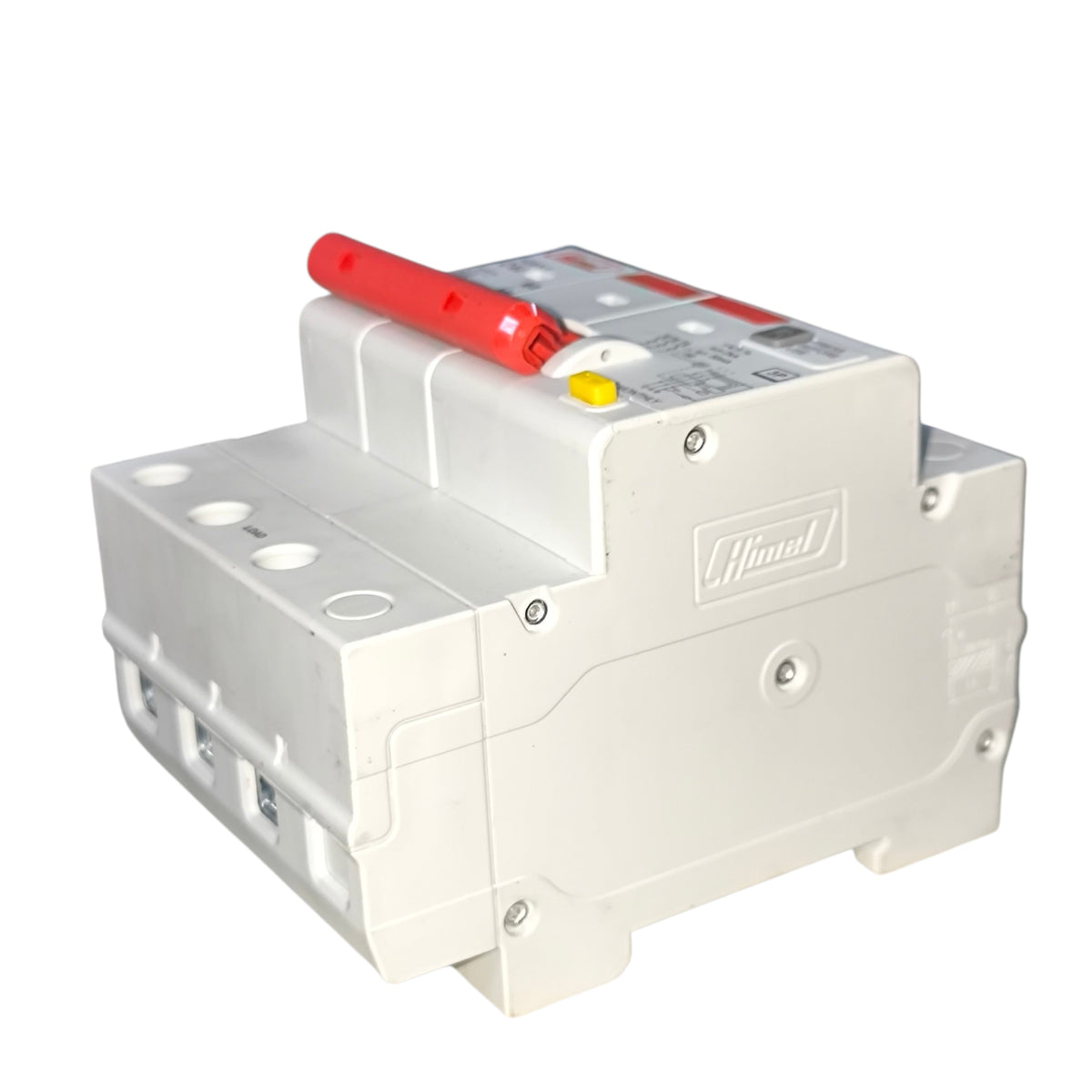 Electrical circuit breaker with red handle on a white background