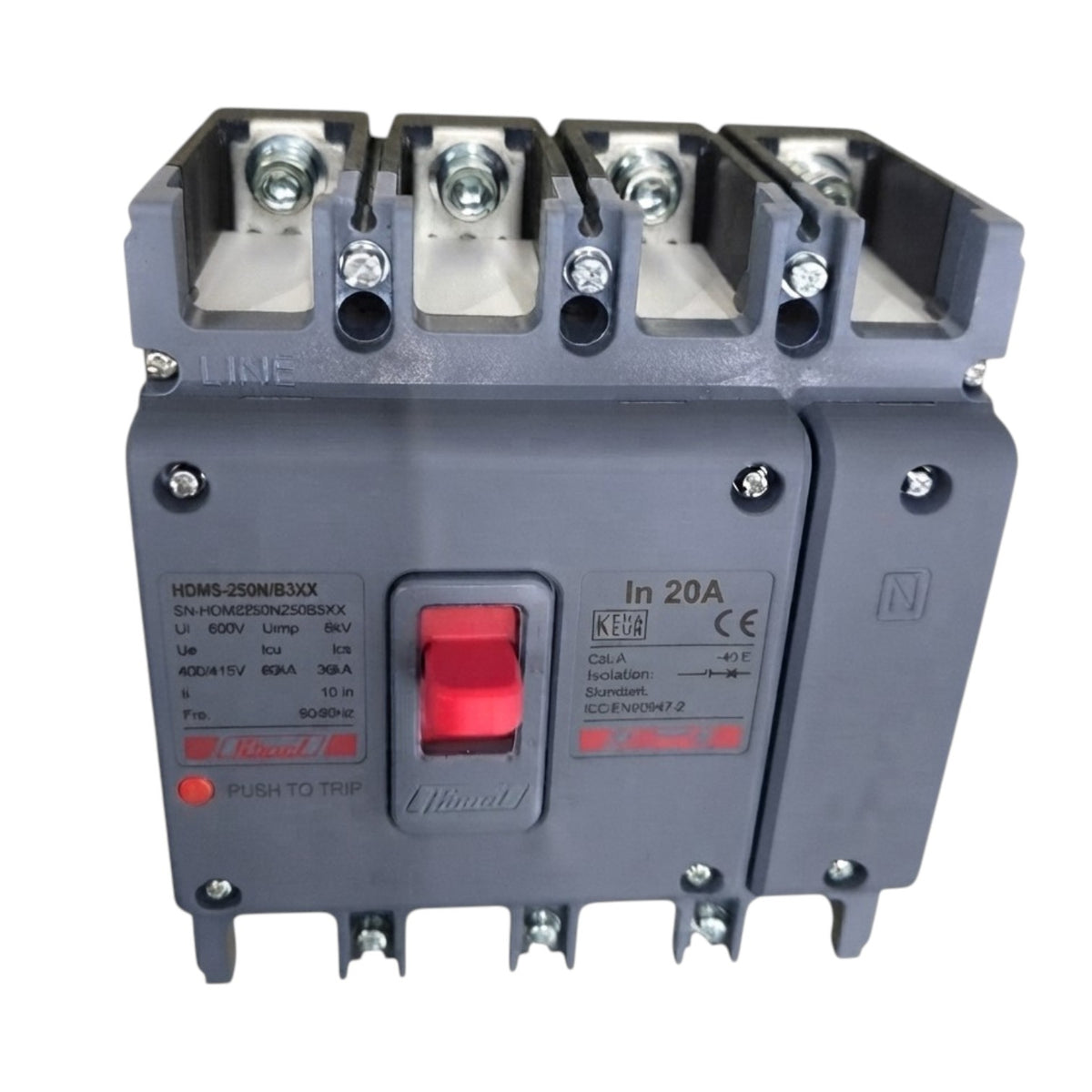 A 20A industrial circuit breaker with a gray plastic housing, featuring a prominent red manual trip switch and technical specifications printed on the front.