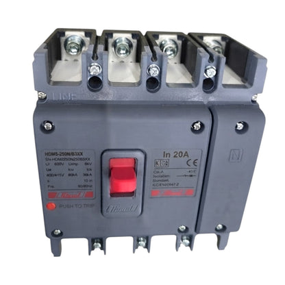 A 20A industrial circuit breaker with a gray plastic housing, featuring a prominent red manual trip switch and technical specifications printed on the front.