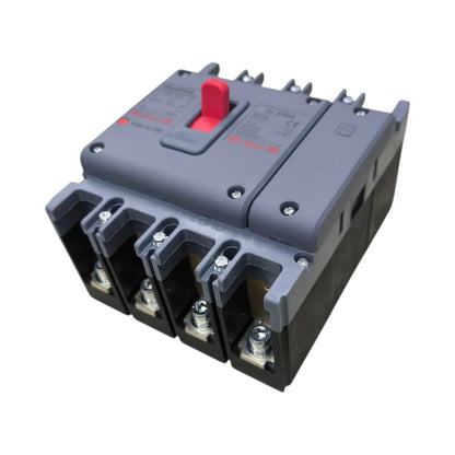 A three-pole circuit breaker with a gray plastic housing, black terminal covers, and a red switch handle, shown on a plain white background.