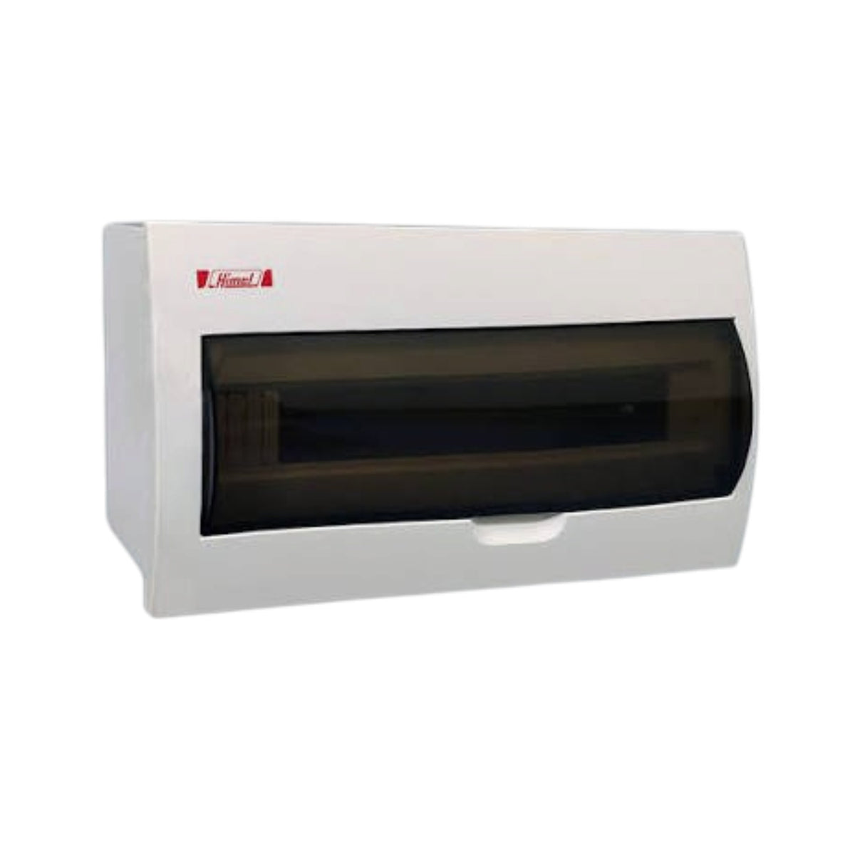 A white electrical distribution board cover with a dark translucent window, featuring a red and white Hifas logo on the top left.