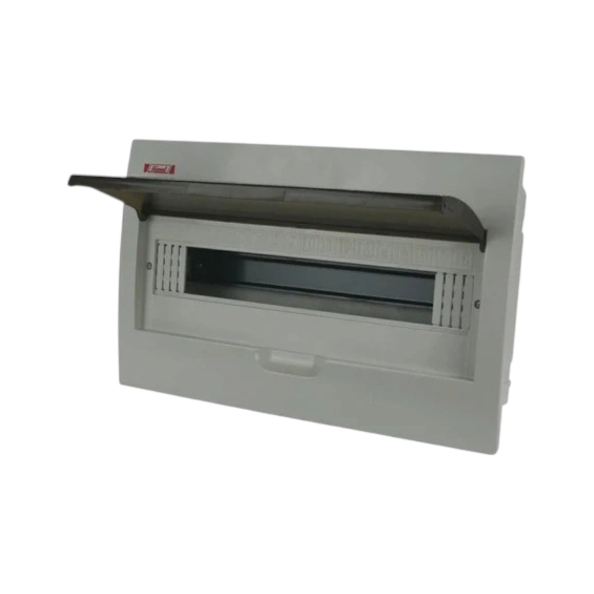 A light gray plastic electrical distribution board cover with an open top flap, showing the interior compartment, photographed on a plain white background.