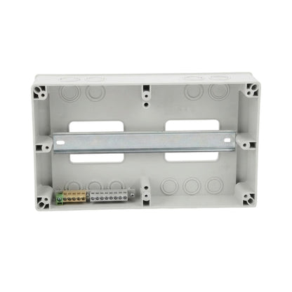 A white plastic electrical junction box with a metal mounting bar and a terminal strip at the bottom, shown against a plain white background.