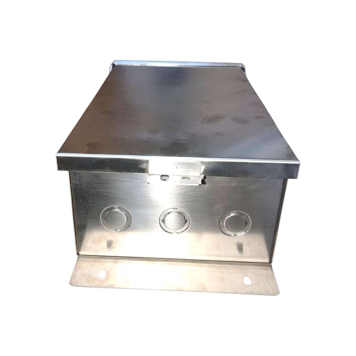 A brushed stainless steel electrical junction box with a hinged metal lid, three circular terminal holes on the front face, and mounting flanges on the bottom, shown against a plain white background.