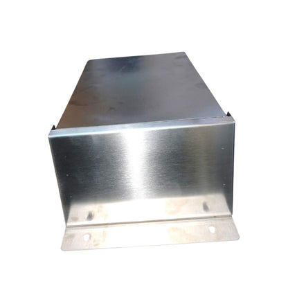 A brushed stainless steel metal junction box with a mounting flange on the bottom, shown on a plain white background.