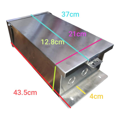 A stainless steel metal box with overlaid dimension lines and labels showing measurements of 37cm, 12.8cm, 21cm, 43.