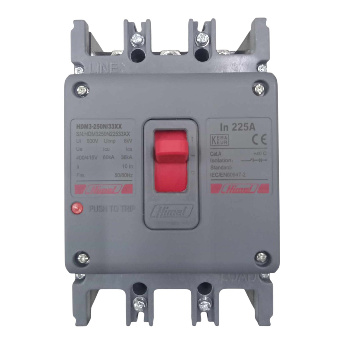 A Schneider Electric HMI3 350N 23XX molded circuit breaker with a gray plastic housing, a red central switch, and red brand markings on a white background.
