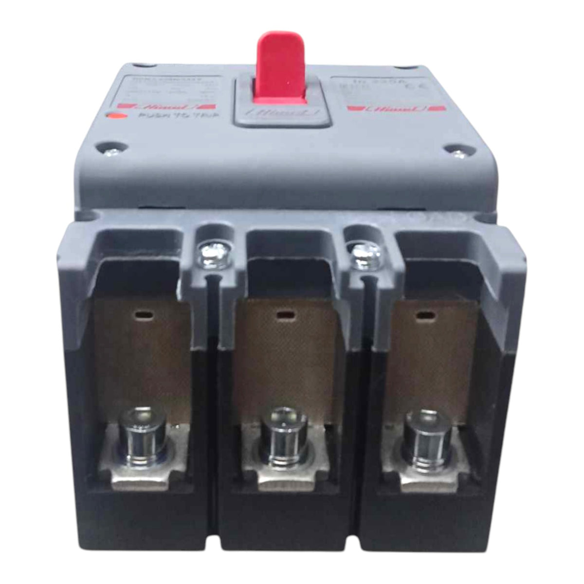 A three-pole electrical circuit breaker with a gray plastic top cover, a red switch handle, and three metal contact terminals visible at the bottom, shown on a plain white background.
