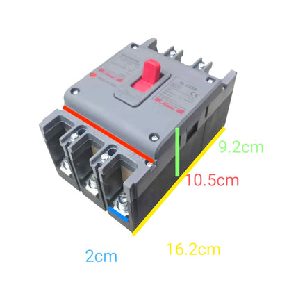 A gray electrical fuse holder or circuit breaker component shown on a white background with overlaid dimension lines and labels indicating 16.2cm, 10.