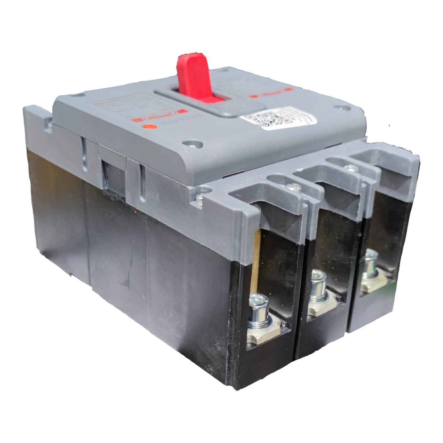 A three-pole circuit breaker with a gray plastic housing, black internal compartments, and a red top handle, shown on a plain white background.